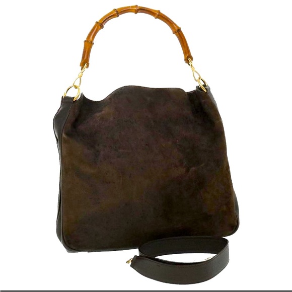 Gucci Bamboo 2-Way Brown Suede Vintage Shoulder Bag- iconic style since 1940s - Picture 1 of 6